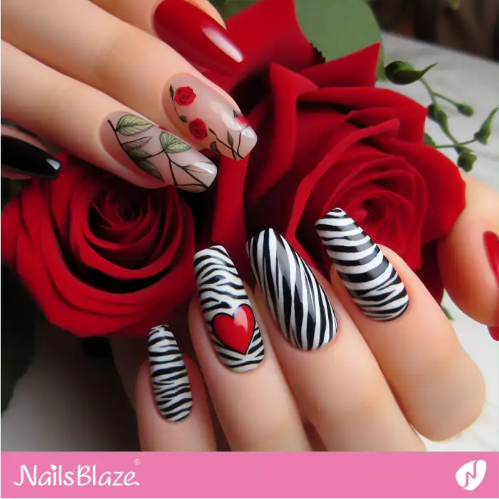 Glossy Zebra Print Nails with Rose Design | Animal Print Nails - NB2454
